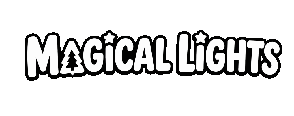 Logo with the words 'Magical Lights' in playful white lettering on a black background, with Christmas tree and star icons incorporated into the text.