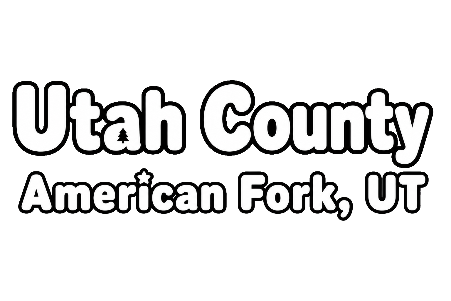 Logo with the text 'Utah County American Fork, UT' in bold, black and white letters, with a small pine tree silhouette inside the letter 'a' in 'Utah'.