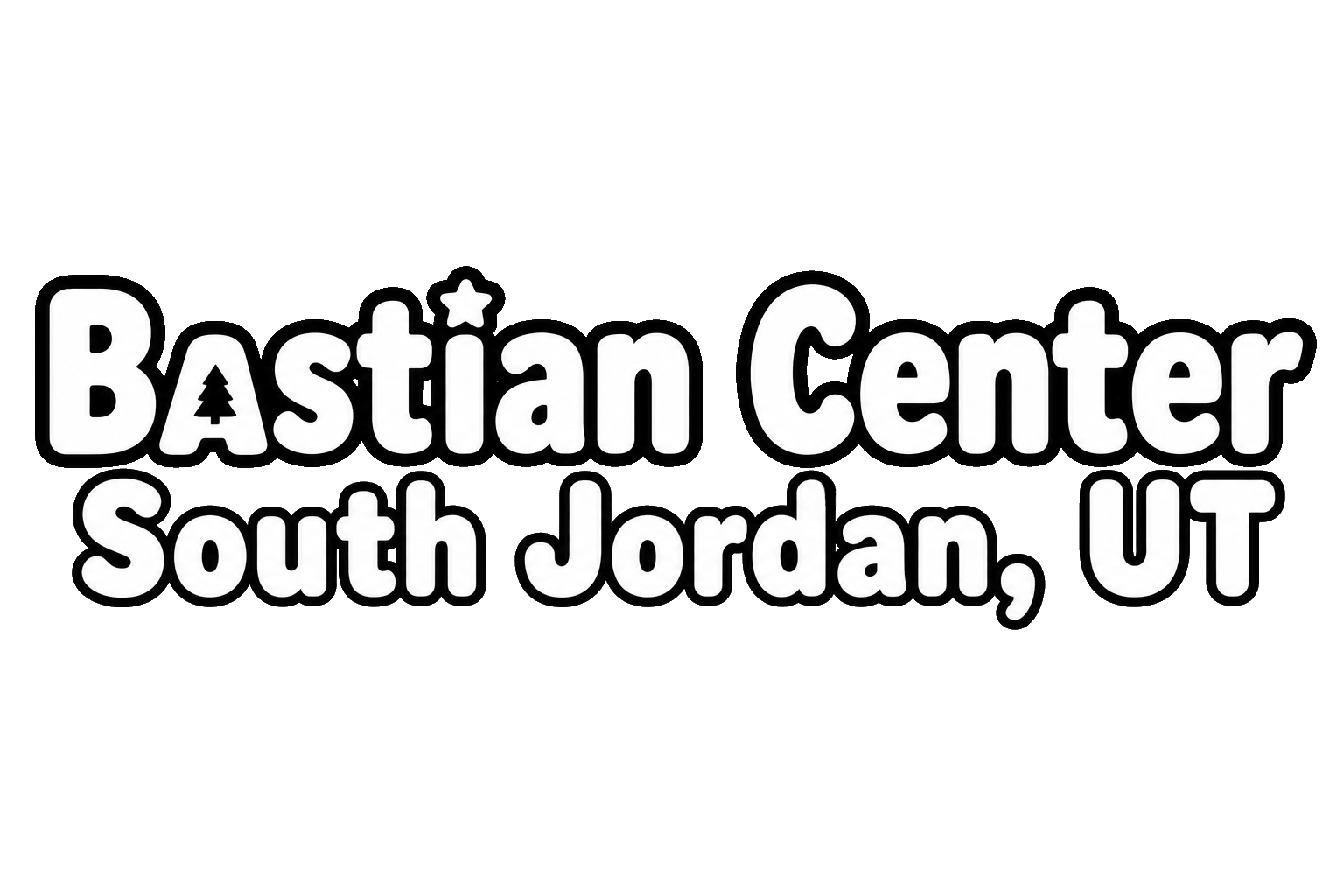 Sign displaying 'Bastian Center South Jordan, UT' with a small star and pine tree in the letter 'A' of 'Bastian'.