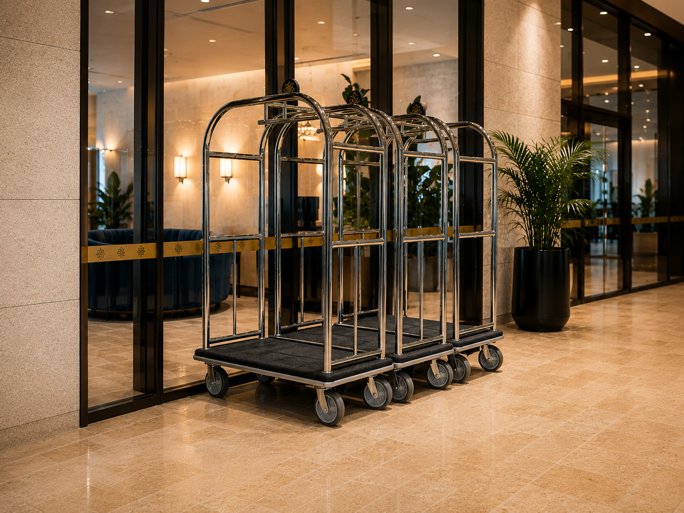 STAR322 - bellboy-trolley-premium-custom-design-luggage-trolley-OHS-focus-SS304-chrome-frame-hang-bar-side-protector-8”-wheel-hammer-lock-brake-acrylic-branded-sign-carpet-floor-120x67x198cm-custom-consultantspr.com-design-2f