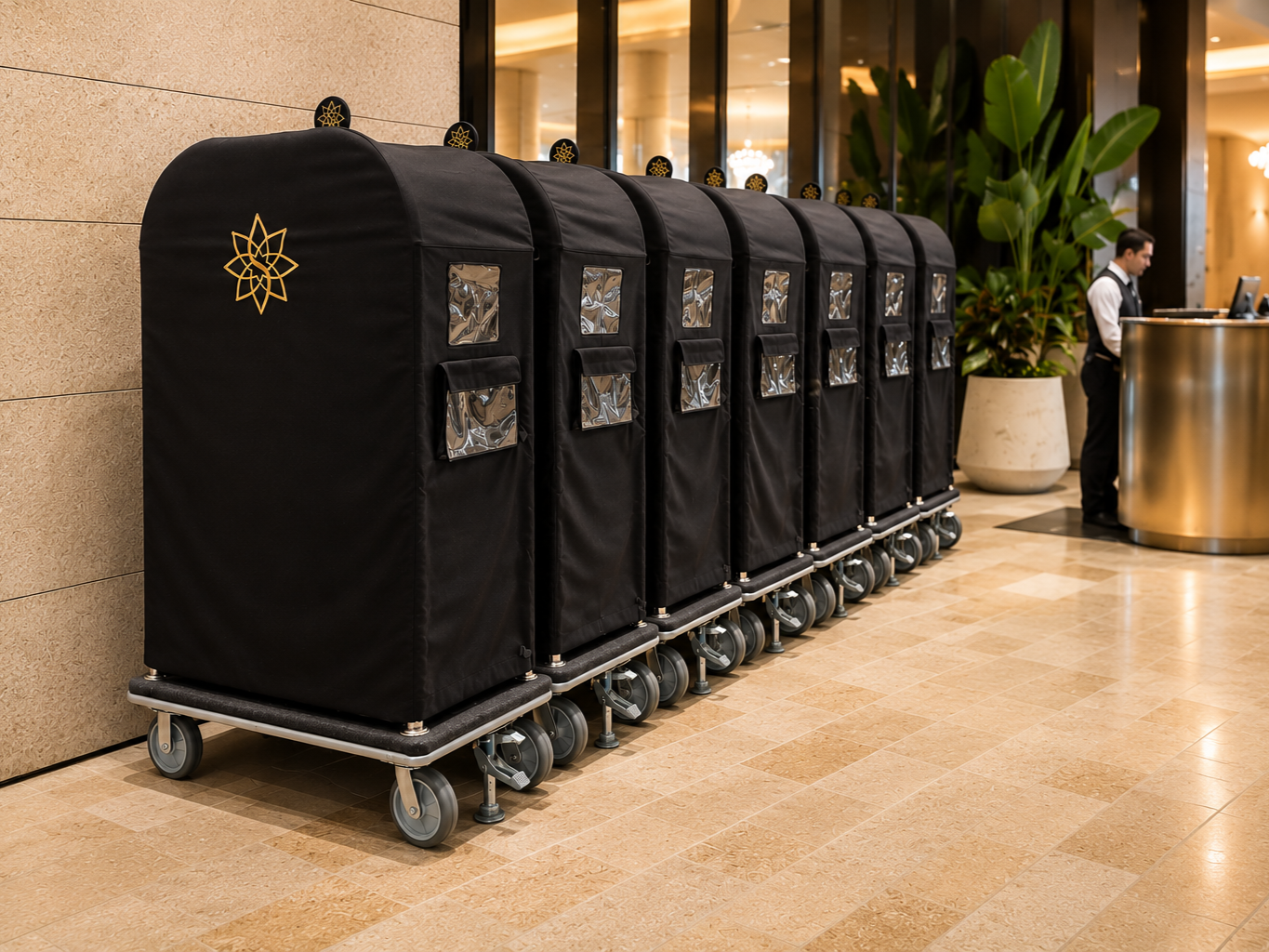 STAR322 - bellboy-trolley-premium-custom-design-luggage-trolley-OHS-focus-SS304-chrome-frame-hang-bar-side-protector-8”-wheel-hammer-lock-brake-acrylic-branded-sign-carpet-floor-120x67x198cm-custom-consultantspr.com-design-2f