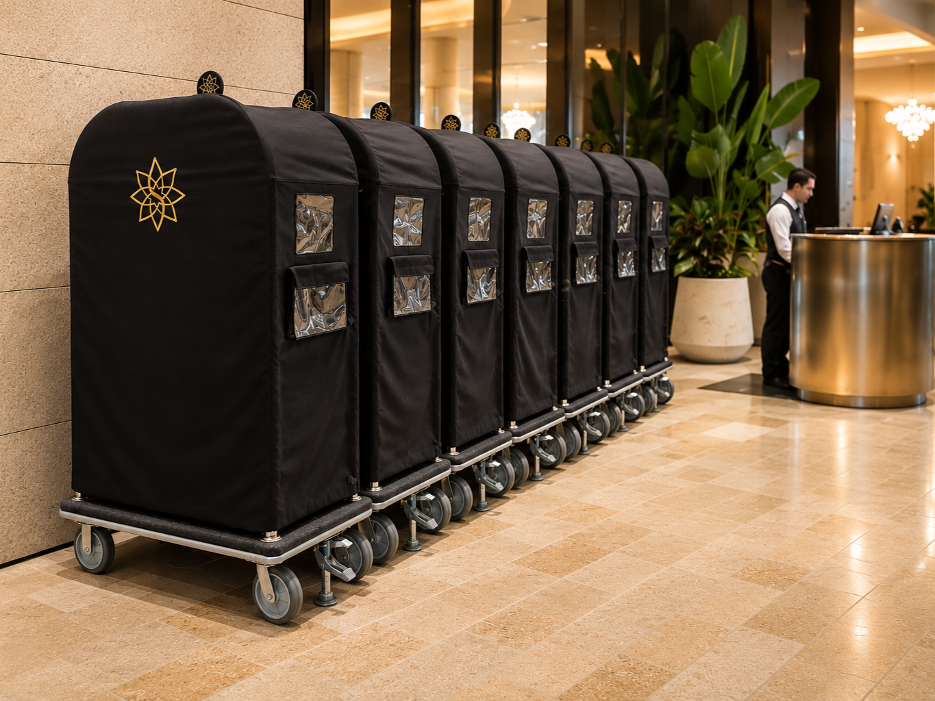 STAR322 - bellboy-trolley-premium-custom-design-luggage-trolley-OHS-focus-SS304-chrome-frame-hang-bar-side-protector-8”-wheel-hammer-lock-brake-acrylic-branded-sign-carpet-floor-120x67x198cm-custom-consultantspr.com-design-2f