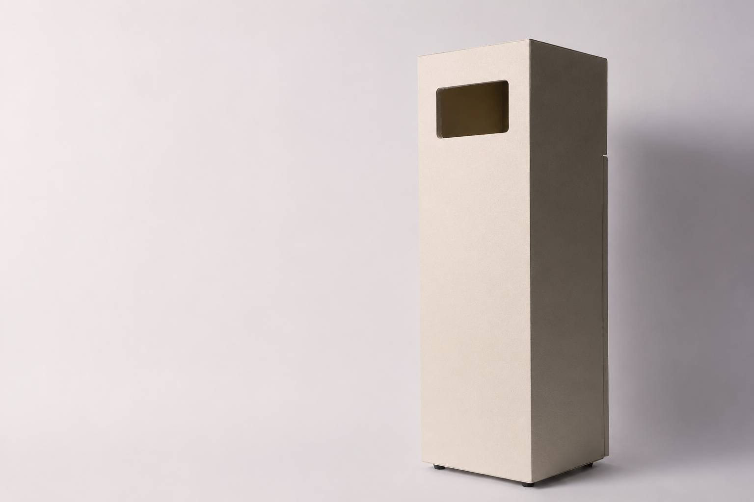 Premium hand towel bin featuring a textured beige vegan leather finish and durable inner liner. Ideal for luxury hotels, resorts, spas, and commercial spaces, with custom branding and finish options available.