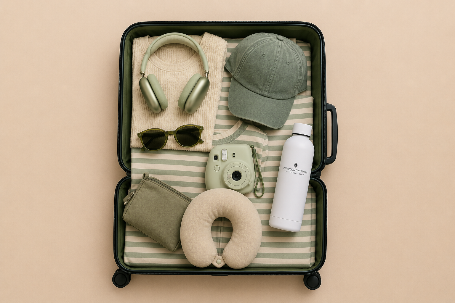 Discover the InterContinental Sydney Coogee Beach branded drink bottle showcased in a luxury travel-inspired flat lay. Premium hotel merchandise designed to elevate the guest experience through sustainable, stylish, and practical travel accessories.
