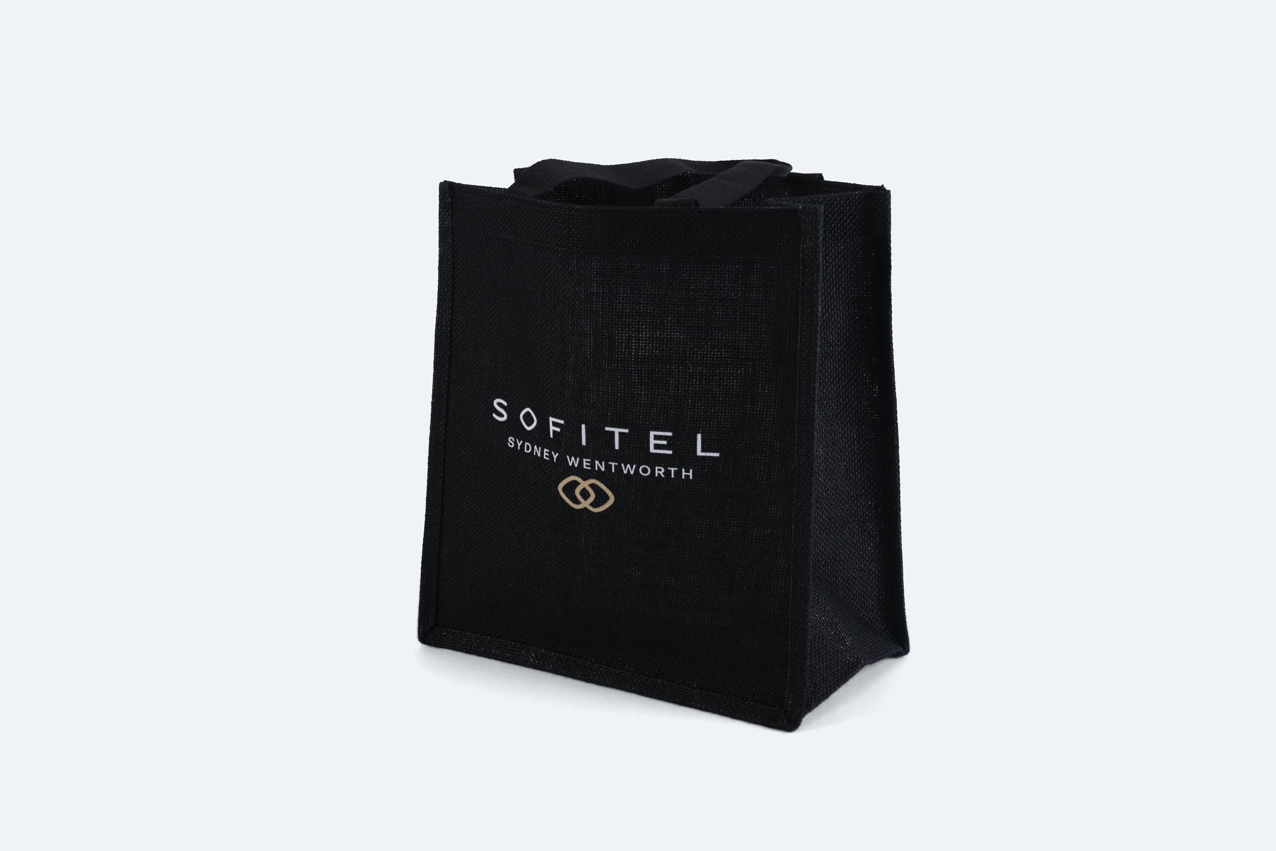 SOF097 - bag-black-hessian-material-logo-white-print-gold-links-size-320-I-315-w-160-d-mm-with-200mm-handle-premium-hotel-product-specialists-creation-custom-design-develop-deliver-consultantspr-final-1.JPG