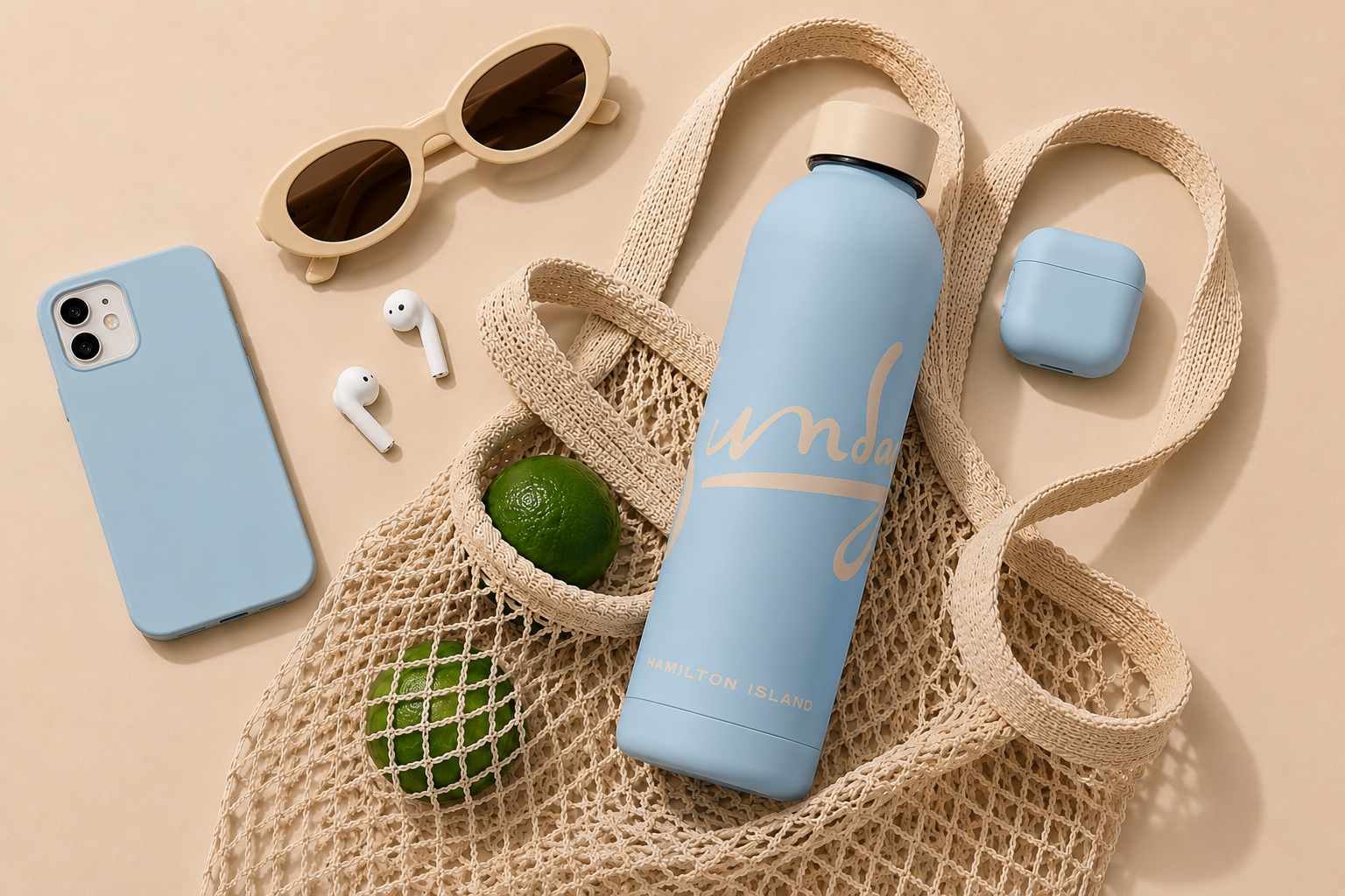 Premium Hamilton Island branded drink bottle showcased in a luxury travel-inspired flat lay, highlighting sustainable hotel merchandise and resort retail products.