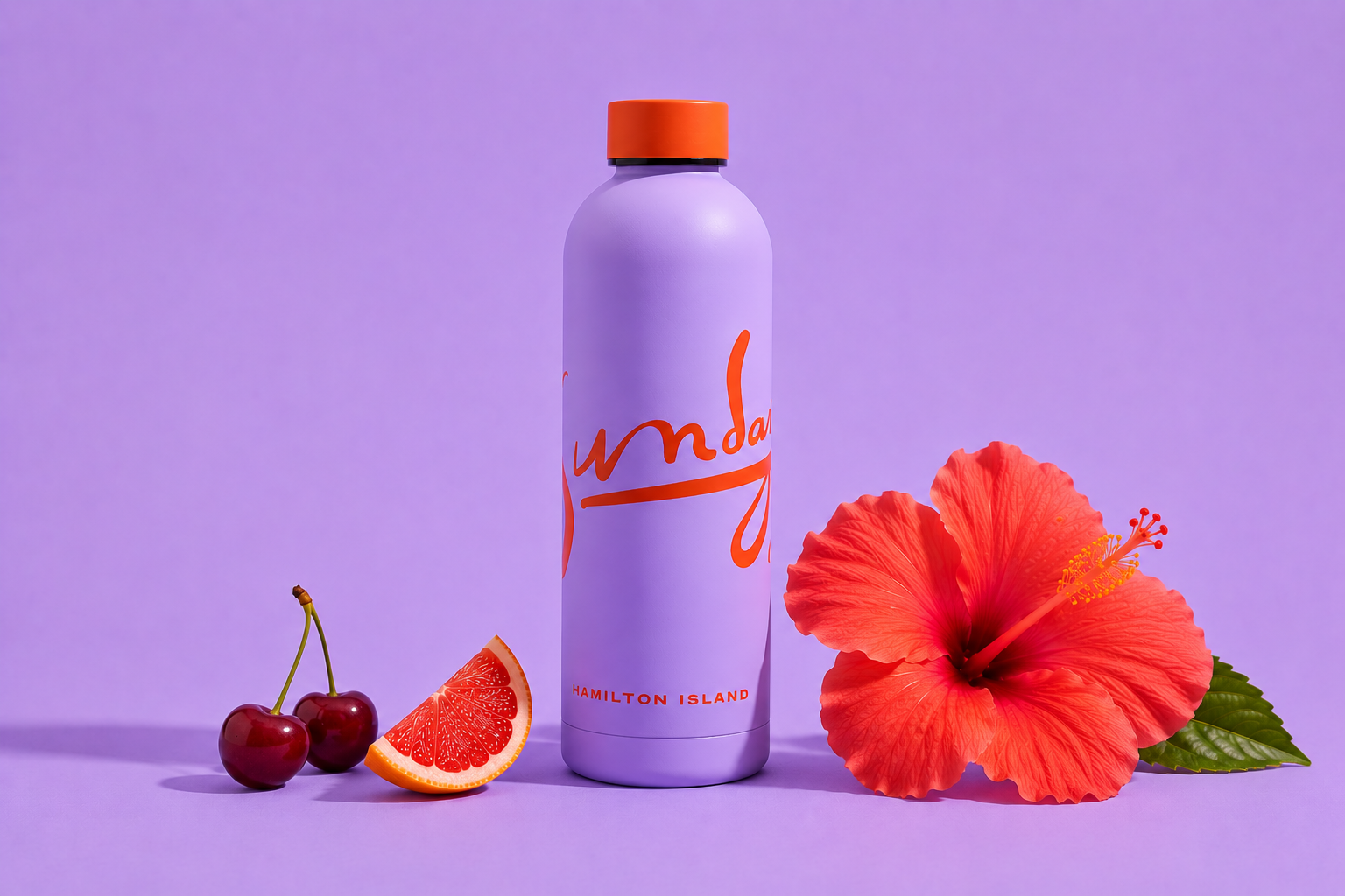 The Sundays Hamilton Island branded drink bottle showcased in a vibrant tropical lifestyle setting. Premium resort merchandise designed to create memorable guest experiences and elevate luxury hospitality branding.