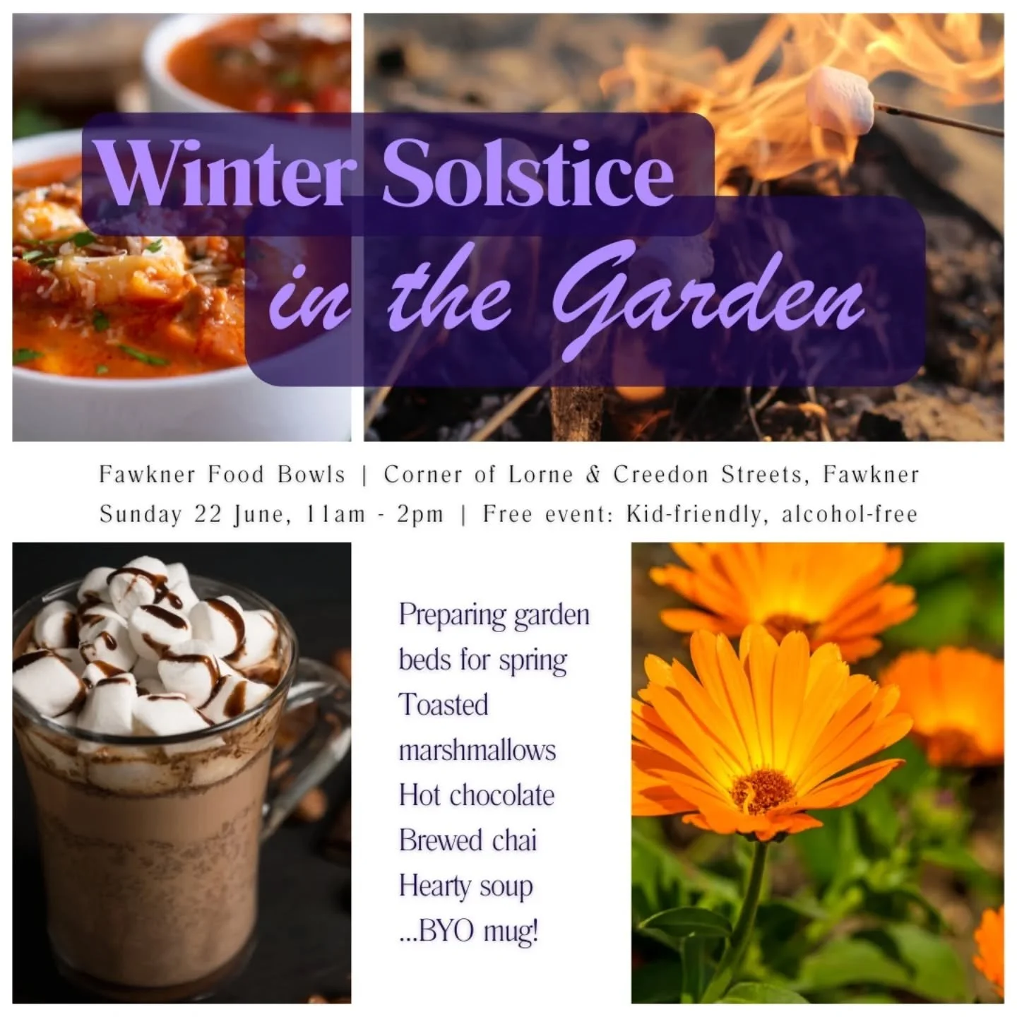 Join us in the garden next Sunday 22 June to celebrate the winter solstice!

The weather might be cold but we'll be warm with hot drinks, hearty soup, and good company around the fire.

Plus, in preparation for spring planting, we'll be tarping over 