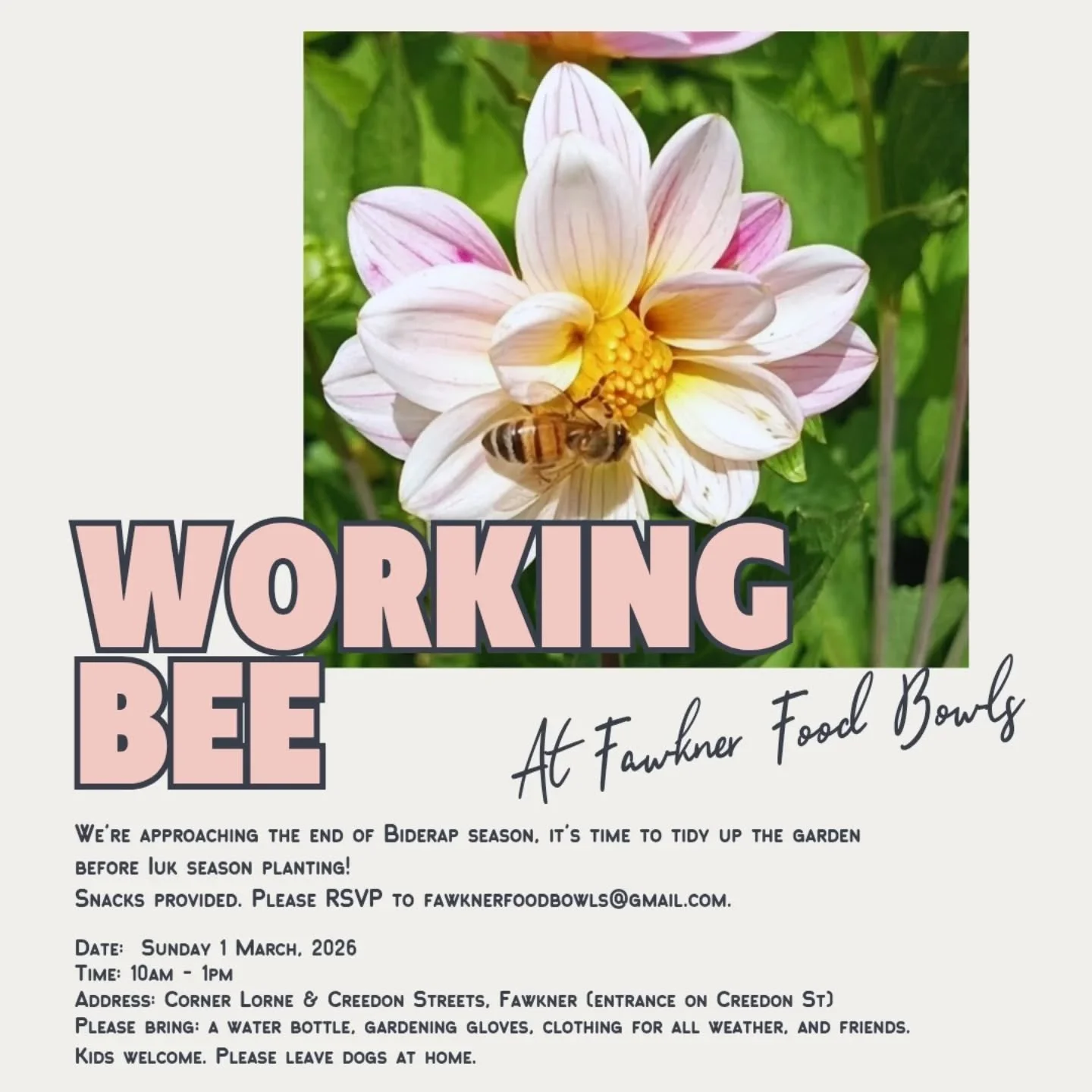 We're having a working bee. Can you believe we're approaching the end of Biderap season already? Goodbye hot and dry, hello warm days and cool nights - Iuk season!

Just a half day this time. Snacks provided!

Comment here or DM us to RSVP.