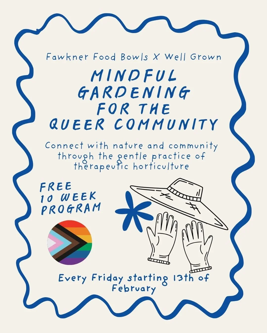Join us in the garden for mindful moments, queer connection, and hands-in-the-soil care. 🌱🌈 Together we'll grow food, creativity, and community in a gentle, welcoming space.

FREE 10 week program for the LGBTIQA+ community.

February 13 - April 24.