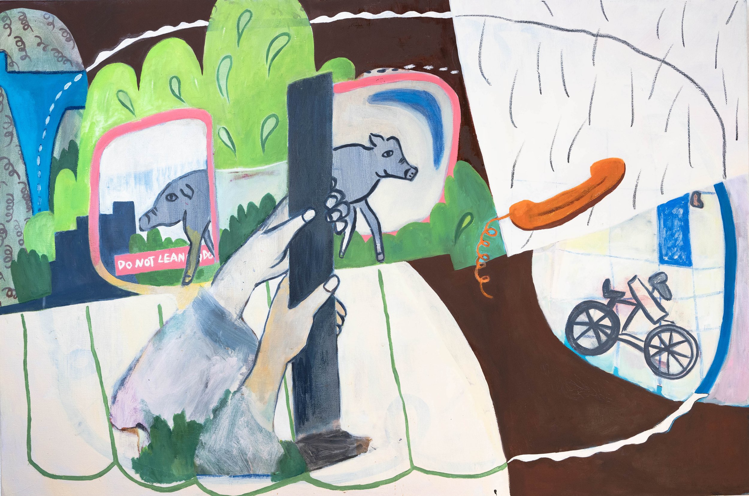 Waiting on Hold since 1996, oil and acrylic on canvas, 24x36 in, 2024
This painting started with a subway ride and a thought I couldn’t shake:
what if our reflections remember more than we do?
A pig on a poster, a hand gripping something, a bike t
