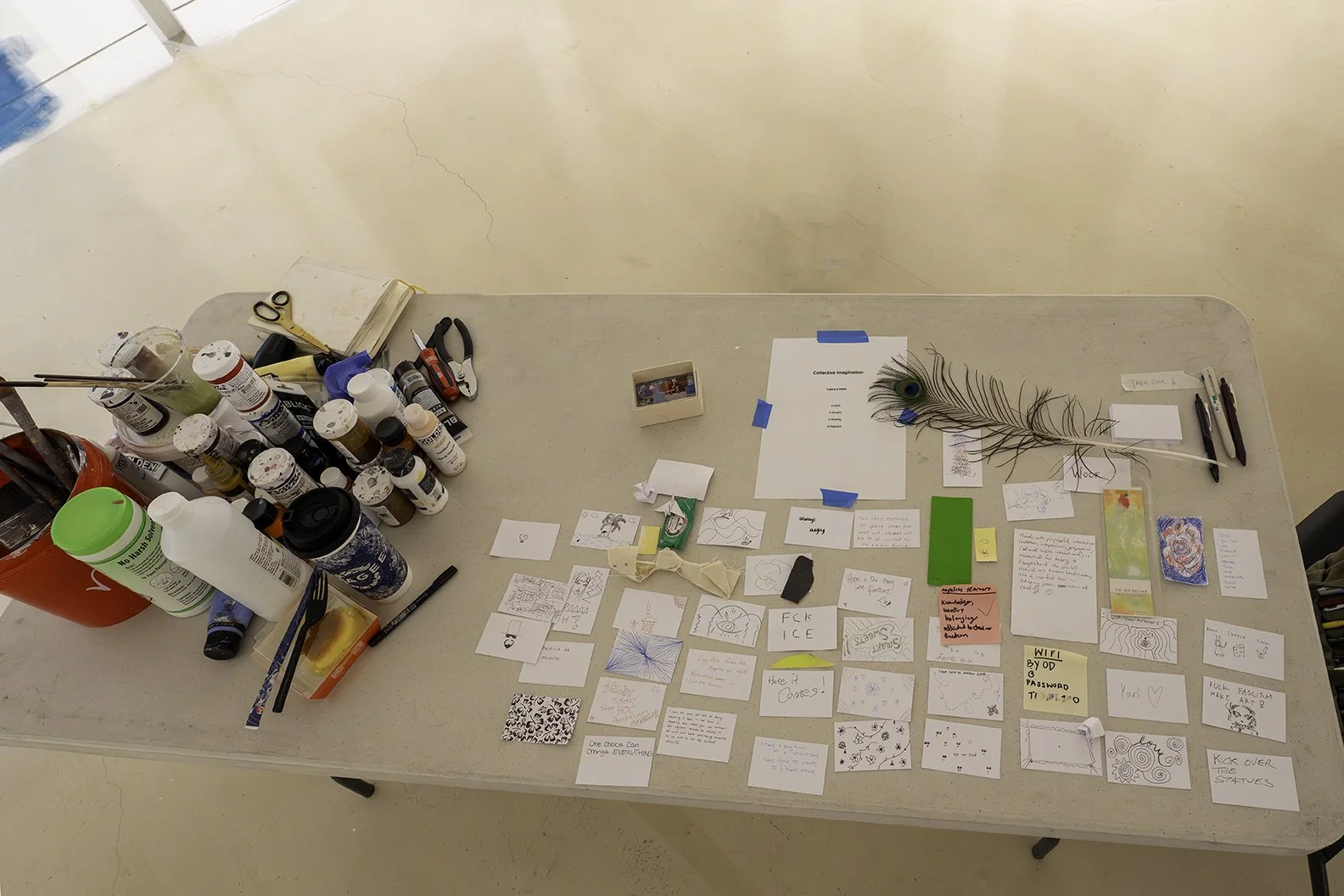 Studio System, Torrance Art Museum, 2026. Visitors contributed drawings, marks, and text, which were translated into paintings and three-dimensional canvas works over the course of the exhibition.