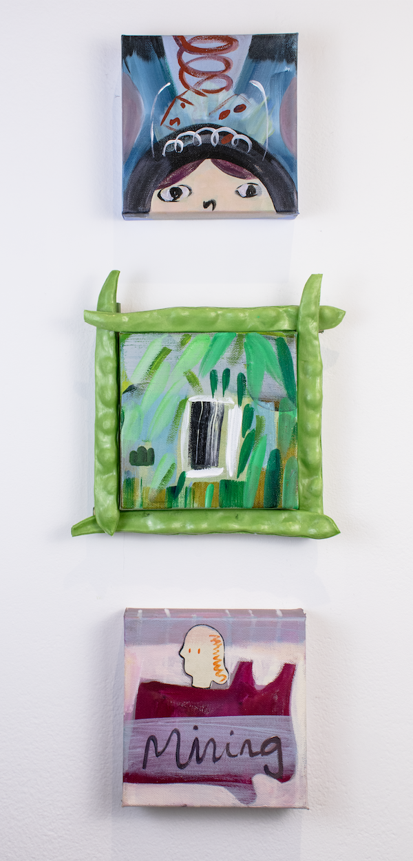 From top to bottom:

1. Voice After the face, acrylic on canvas, 6x6 in
2. Glass Door, Acrylic and oil on canvas wood, polyurethane green beans, approx. 7 × 7 in.
3. Mining, Acrylic and oil on canvas, 6x6 in