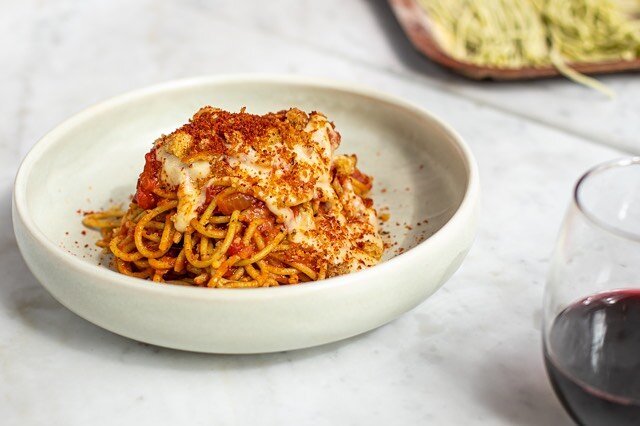 New dish - Spaghetti Australiana 
Nduja, parsley spaghetti, san marzano tomato, pecorino cream, bacon crumb, pangratto. Pairs nicely with the Otellia Pinot Gris - Enticing fragrance of apple &amp; pear with a hint of spice, medium bodied, crispy mine