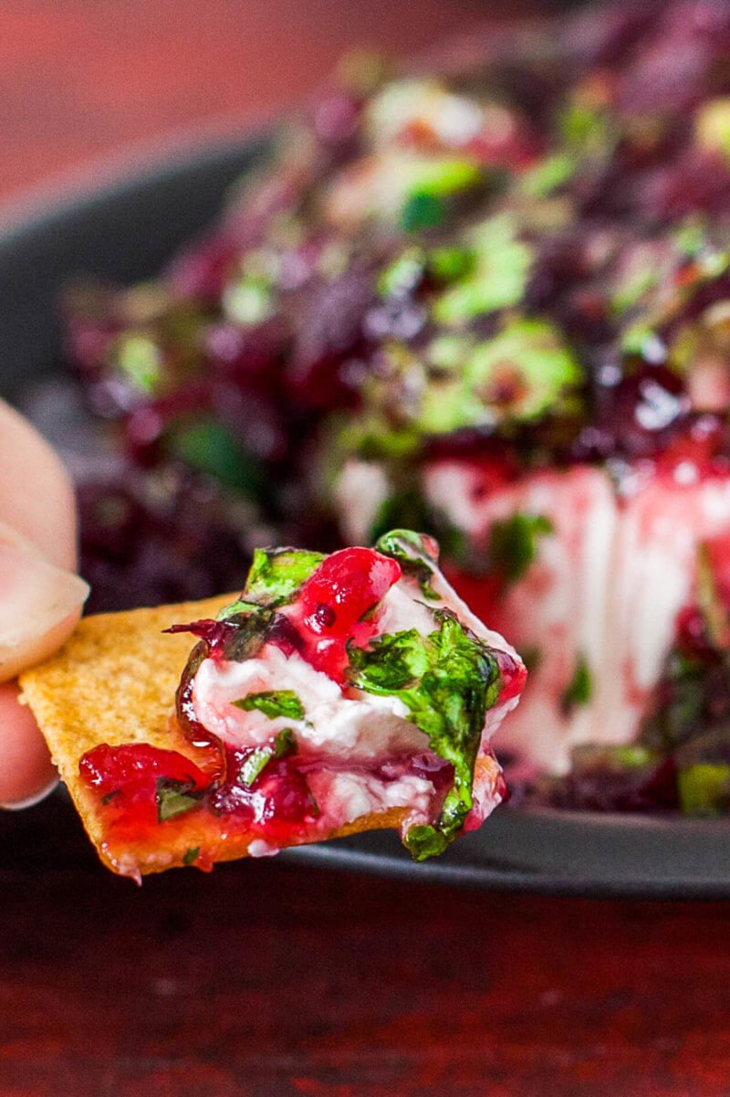 Cranberry Jalapeno Jam Salsa atop Cream Cheese