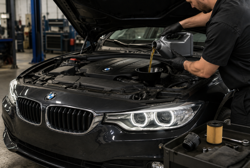 Technician performing an oil change on a BMW