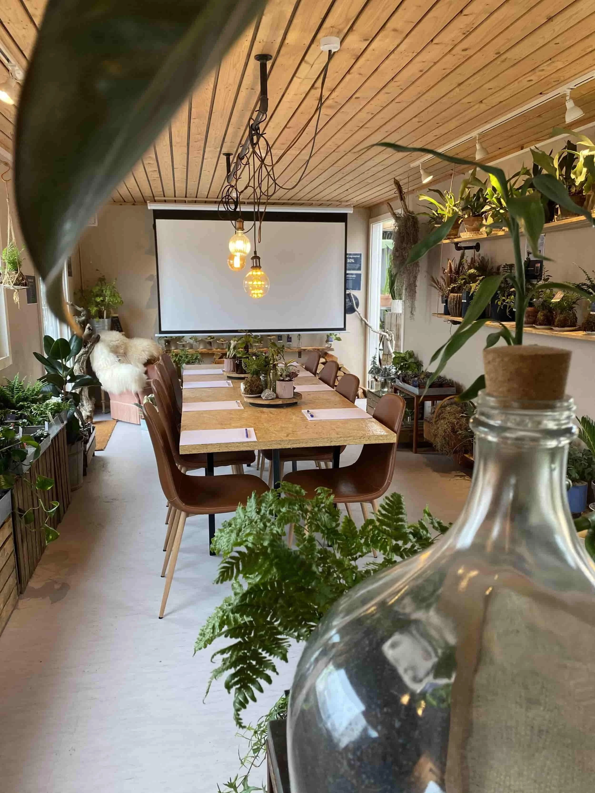 Mødelokale med en masse planter, stole og et bord