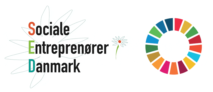 Logo for Sociale Entreprenører Danmark (SED) med farverige initialer og FN's Verdensmål ikon, der symboliserer social innovation, bæredygtighed og iværksætteri i Danmark