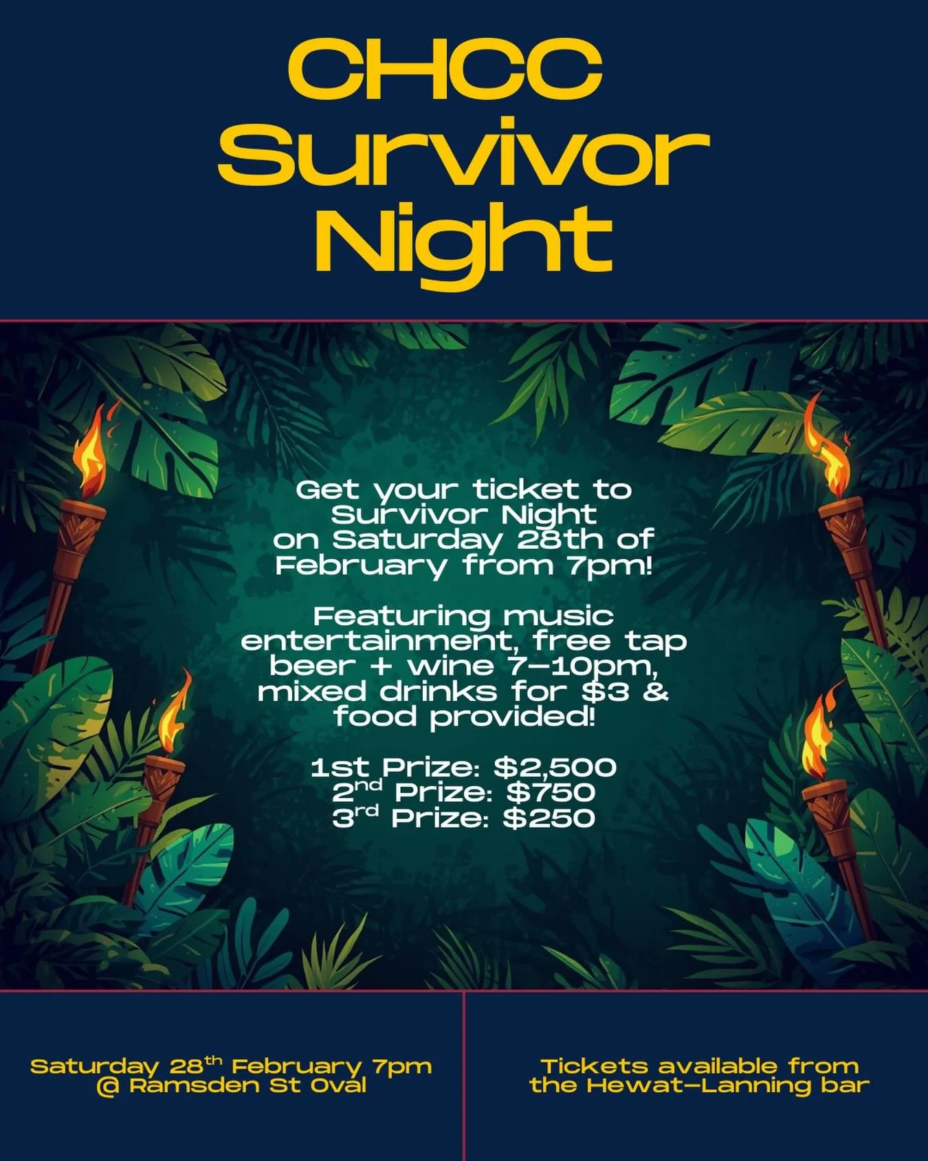 Get your ticket to Survivor Night coming up on Saturday 28th of February from 7pm! 🔥

Featuring music entertainment, free tap beer + wine 7-10pm, mixed drinks for $3 &amp; food provided!

1st Prize: $2,500
2nd Prize: $750
3rd Prize: $250

Tickets av