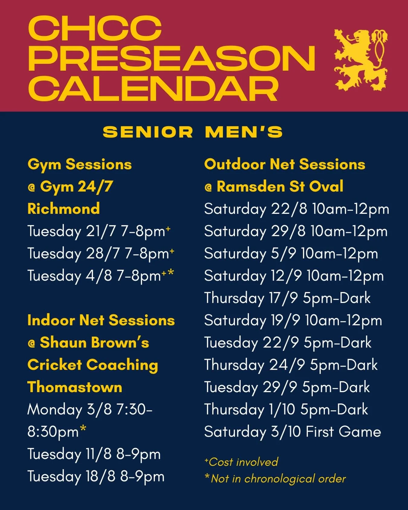 2026/27 season loading ⏳

The senior preseason kicks off on the 21st of July with gym sessions at Gym 24/7 in Richmond for our senior men and women 💪 

Senior men then have some indoor sessions before returning to Rammo 🏏 

Gym session payment deta