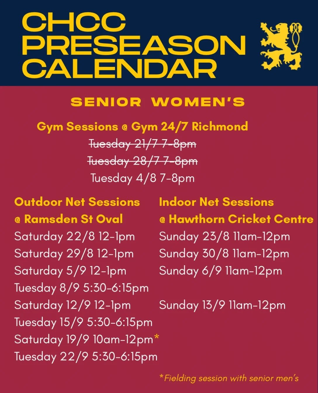 Senior women&rsquo;s preseason is underway with the third and final gym session this Tuesday! 💪 

Outdoor and indoor net sessions kick off on the 22nd and 23rd of August respectively 🏏

All sessions are open to new and existing players, come down t