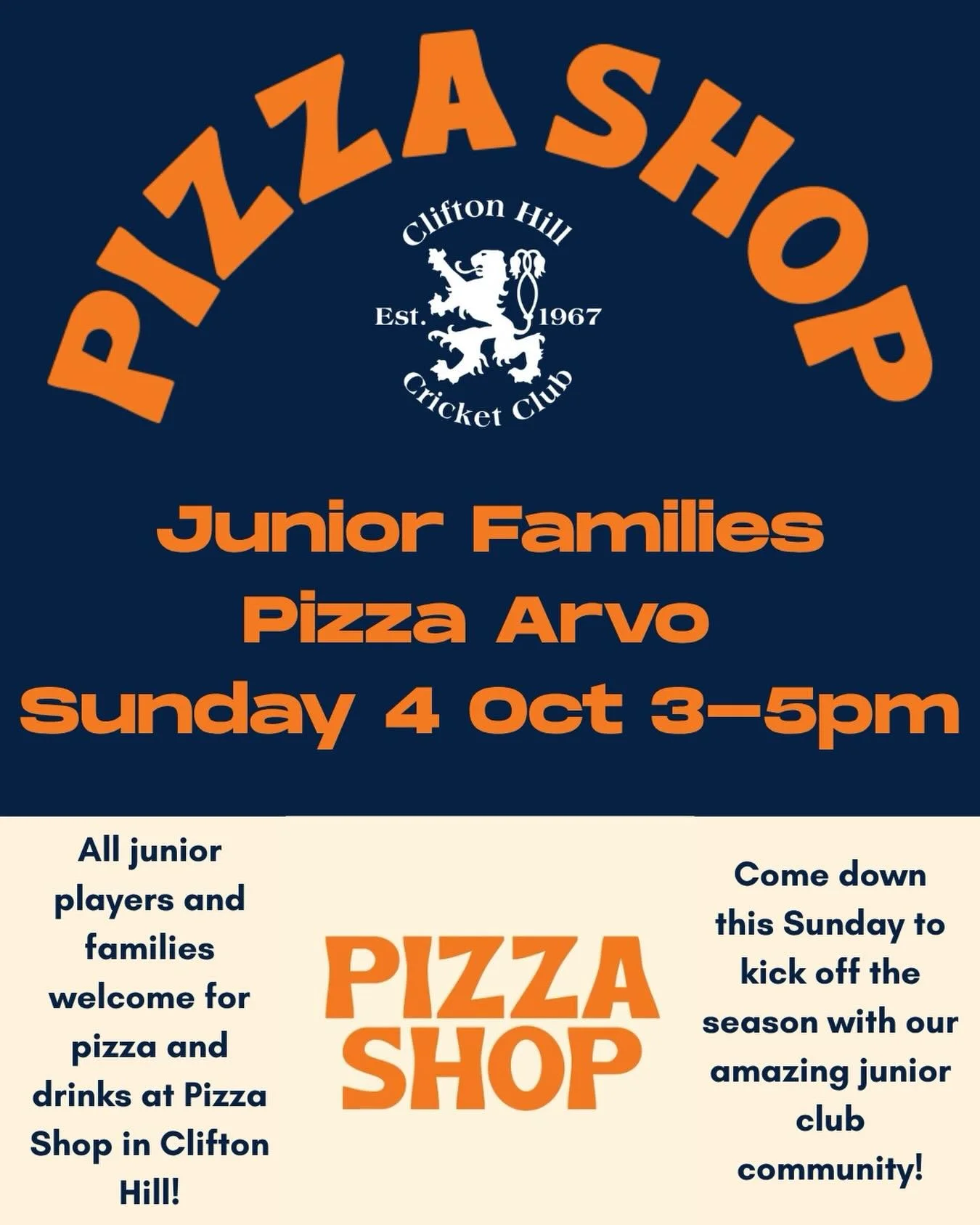 Junior Families Pizza Arvo at @pizzashop.ch 🍕 

All junior players and families are welcome to join for pizza and drinks at Pizza Shop in Clifton Hill!

Come down this Sunday to kick off the season with our amazing junior club community 💙❤️💛

#GoH