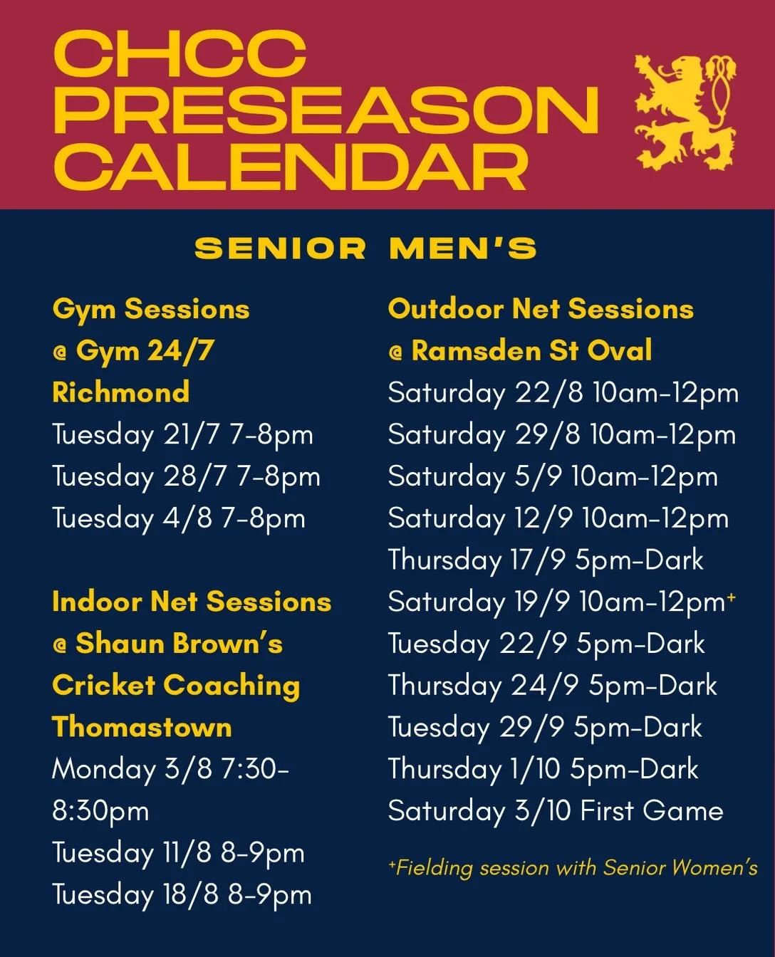 Just a few more sessions until the season is officially here!

Tomorrow we have a fielding session for both senior men&rsquo;s and women&rsquo;s combined with coach Keith Jansz from 10am-12pm! Get down for another Janszy masterclass on what looks to 