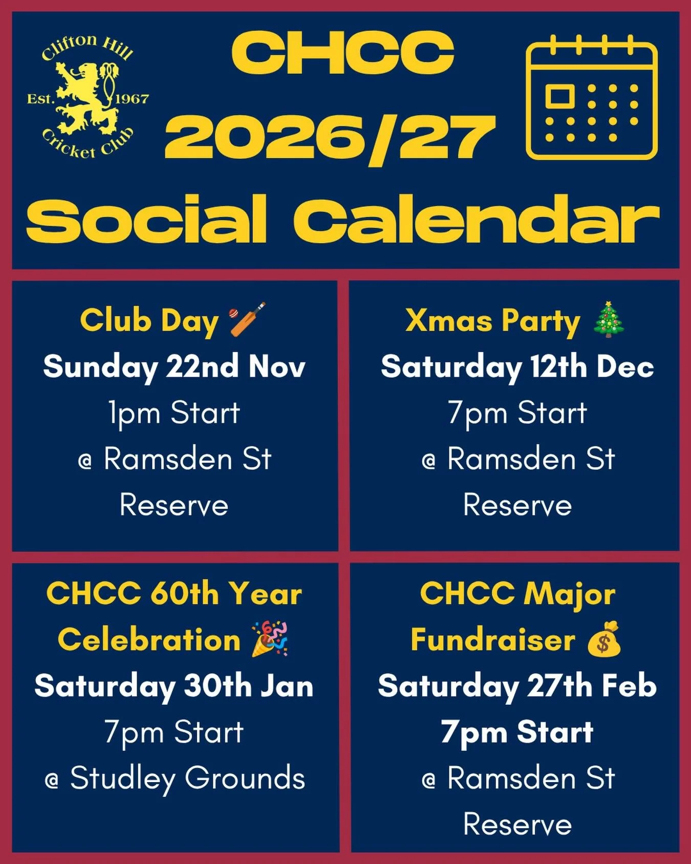 2026/27 Social Calendar 🗓️ 

Save the date for:
- Club Day 22/11 🏏 
- Xmas Party 12/12 🎄 
- 60 Year Celebration 30/1 🎉 
- Major Fundraiser 27/2 💰 

Details TBA 📣 

#GoHillers #CHCC #CliftonHillCricketClub #CliftonHill 3068 @cricketvictoria @cri