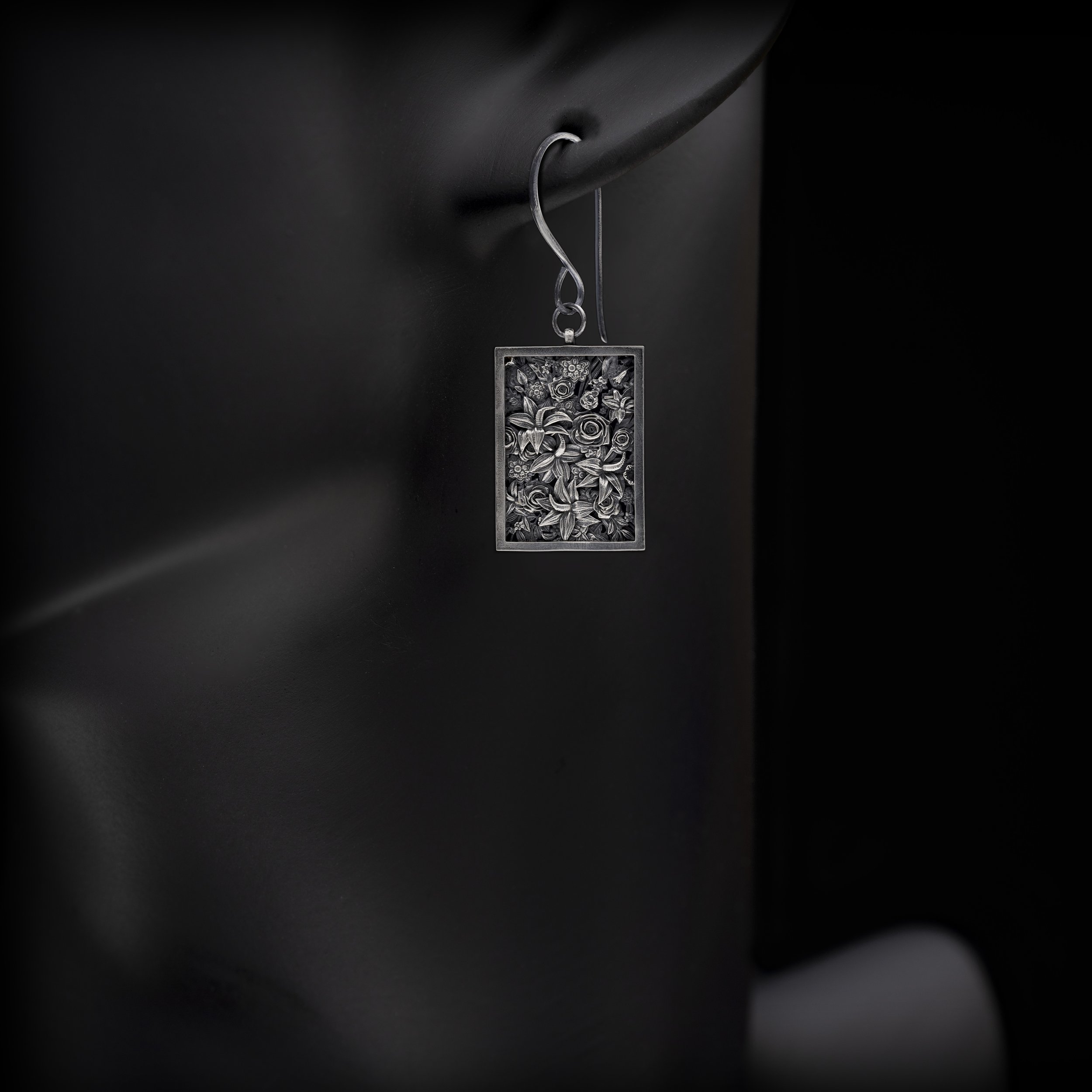 Oxidized Sterling Silver Flower Window Earrings For Men & Women
