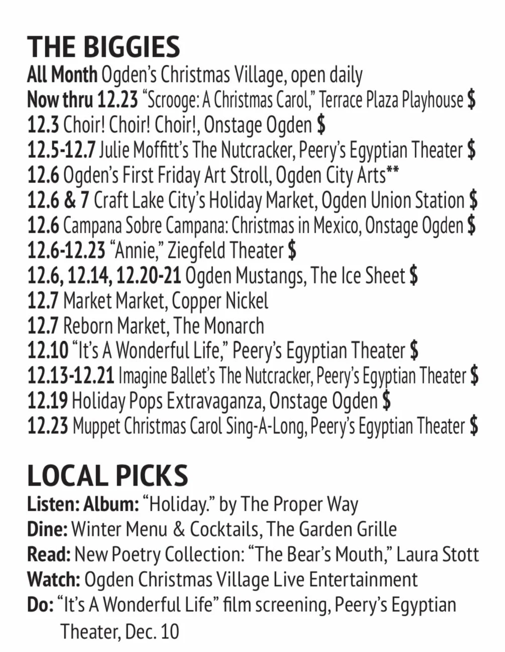 DECEMBER ‘BIGGIES’ &amp; LOCAL PICKS