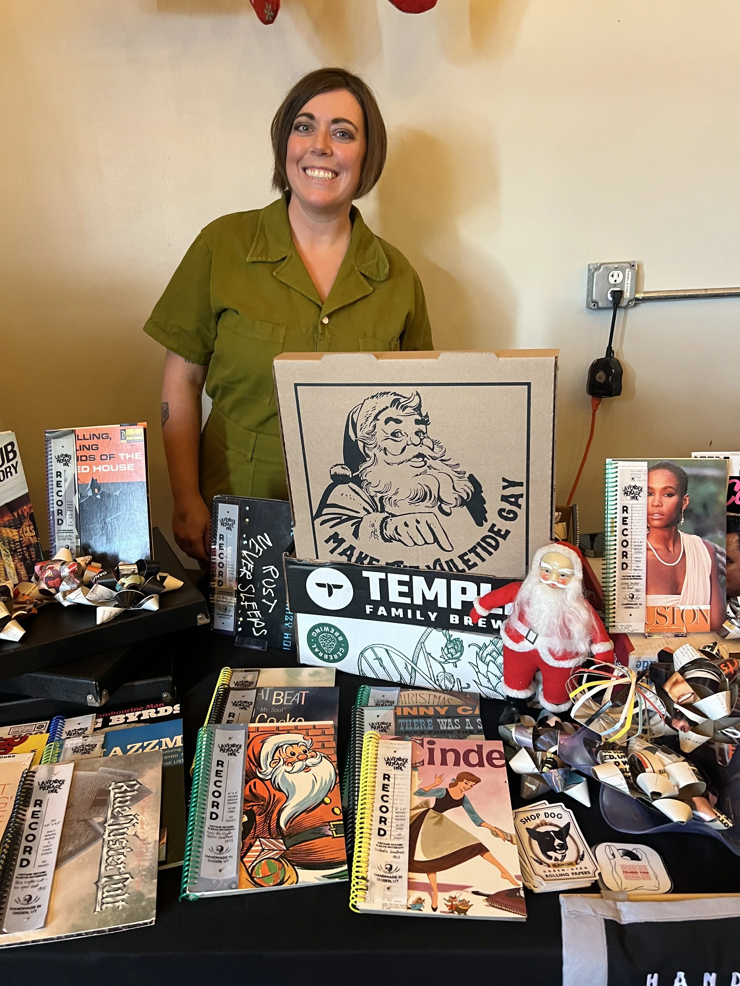 All the things from Lisa at Lavender Menace Ink! Old vinyl-cover notebooks (blank, grid, lined paper...and you can also custom order), gift bows made from vinyl covers, and pizza gift boxes (fits 7 records) are brilliant. Available at Lavender Vinyl 