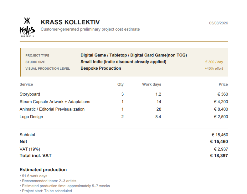 Example of PDF document with estimates from the Game Art Cost Calcualtor: Storyboards, Steam Capsule Artwork + Adaptations, Animatic / Editorial Previsualization, Logo Design