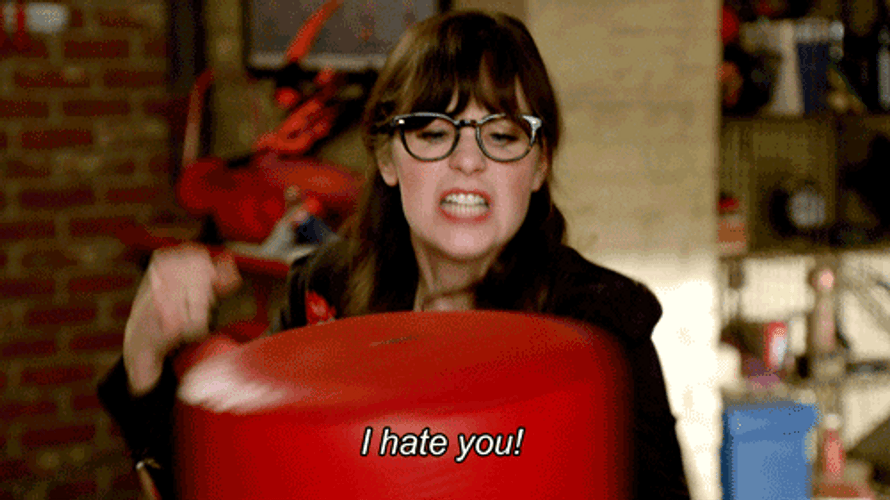 Emma Stone punching a bag and yelling "I hate you!"
