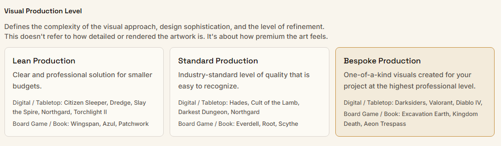 Visual Production Level: Defines the complexity of the visual approach, design sophistication, and the level of refinement. Options: Lean Production, Standard Production, Bespoke Production