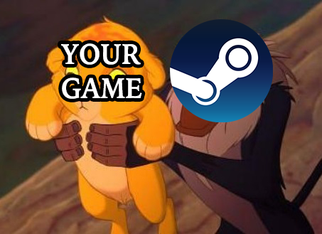 Rafiki holding up Simba as a baby. Steam logo over Rafiki's face. "Your game" text over Simba's face.