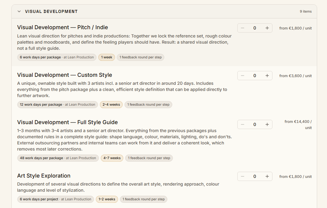 Visual Development services: Pitch/Indie, Custom Style, Full Style Guide, Art Style Exploration