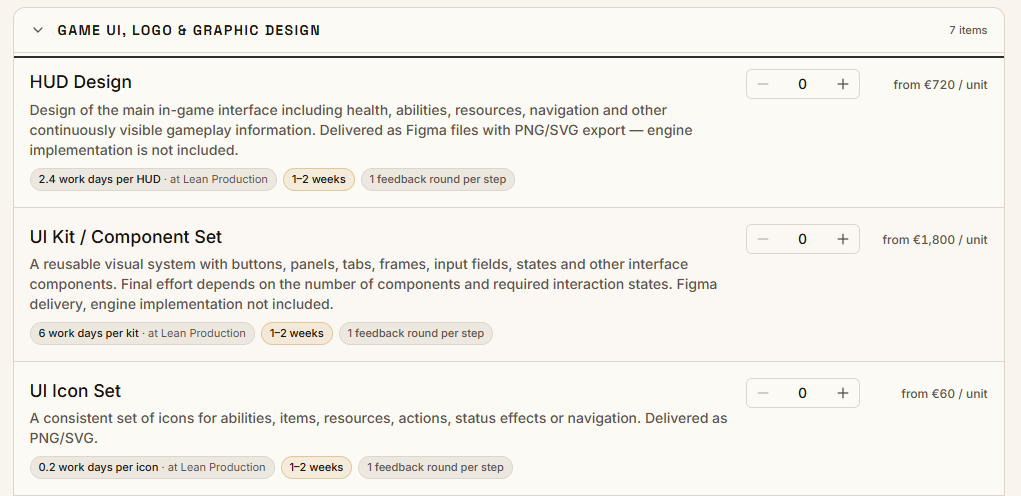 Game UI, Logo & Graphic Design services: HUD Design, UI Kit / Component Set, UI Icon Set