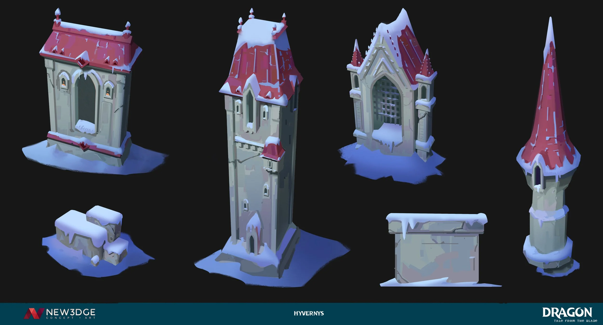Concept art of four medieval-style towers with snow on the roofs, shown from different angles, branded as New Edge, Dragon, and Hyvernys.