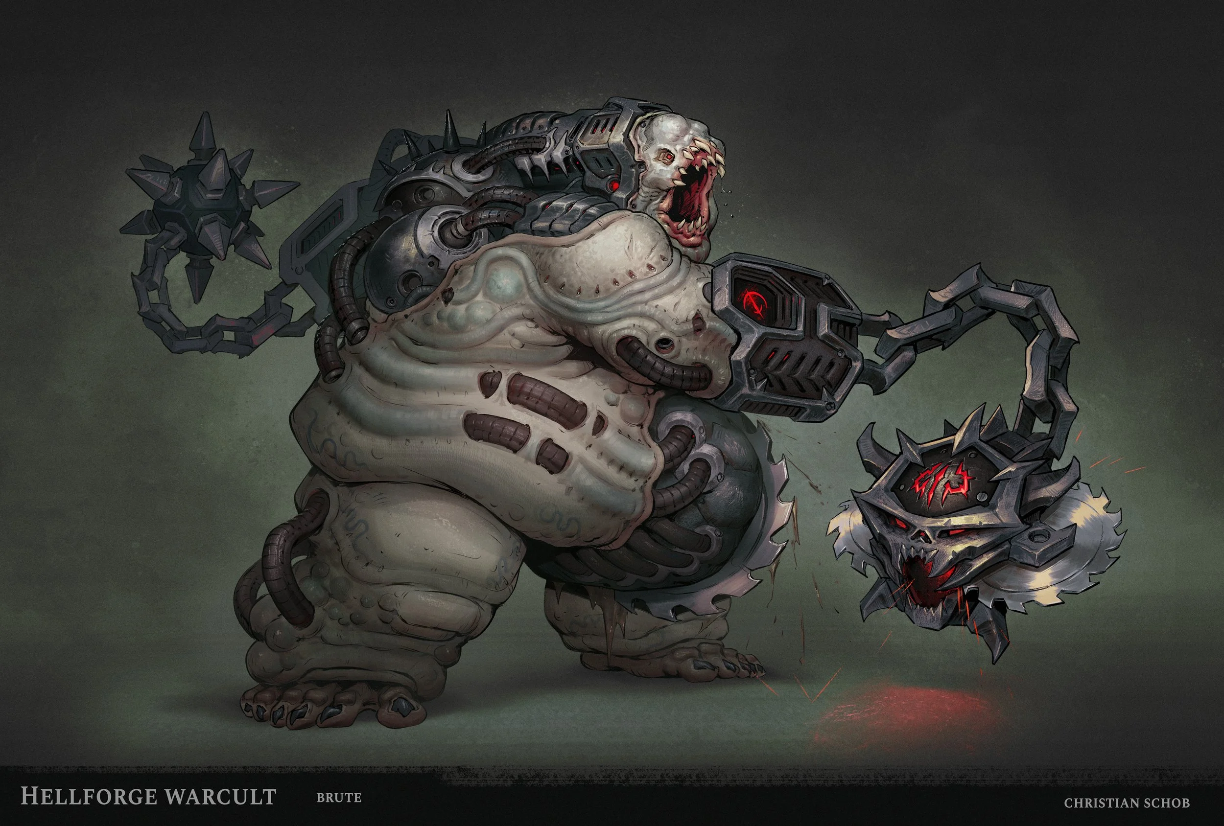A detailed illustration of a monstrous creature with a skeletal body, mechanical enhancements, and a gaping mouth with sharp teeth. It has multiple tentacle-like appendages, some with spikes, and a robotic arm holding a weapon with a jagged blade. The background is dark and ominous, fitting a fantasy or sci-fi theme.