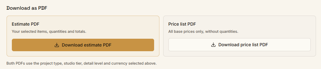 Download your estimate from the Game Art Cost Calculator as a PDF. Also down base prices without quantities.