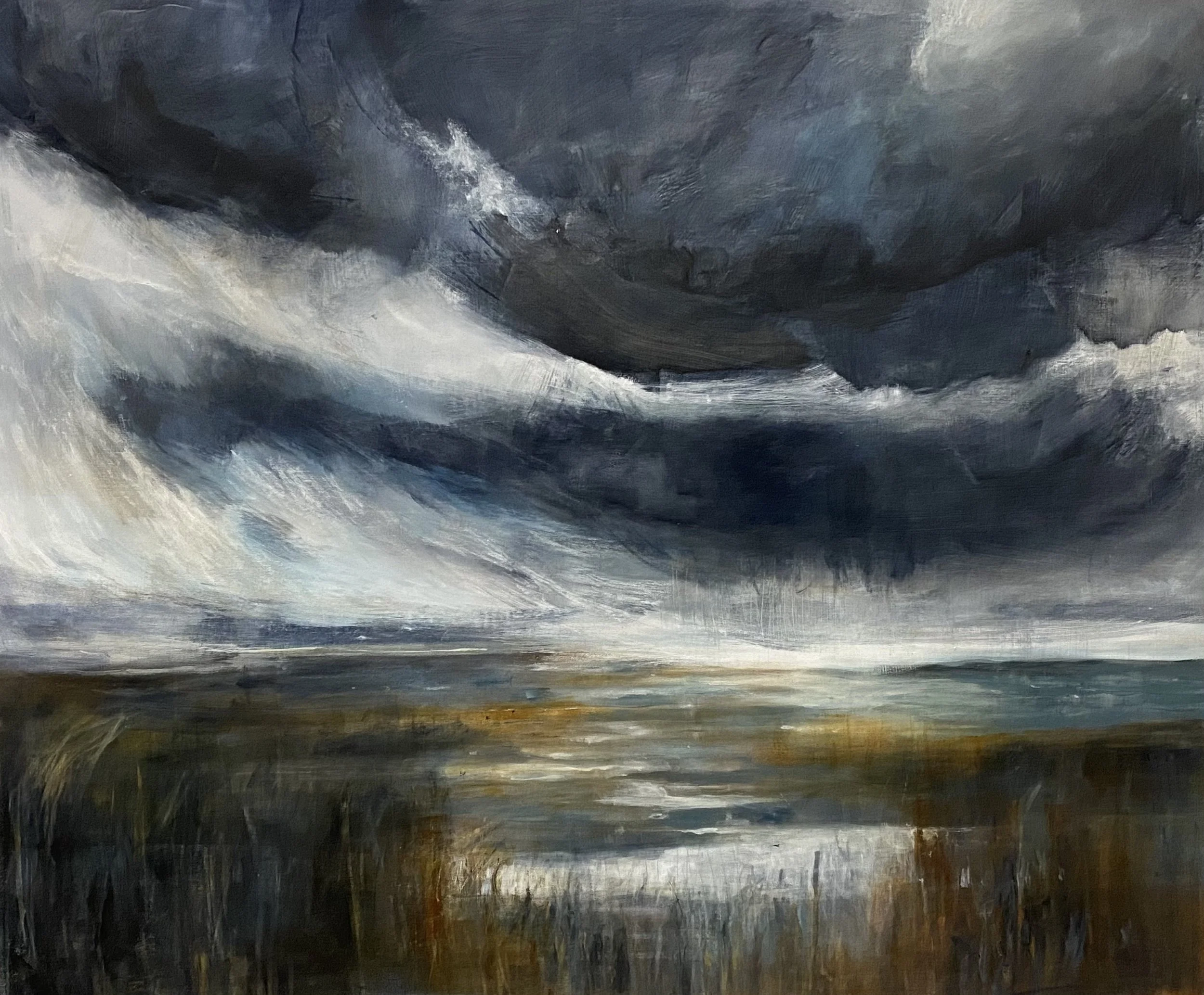 An atmospheric painting with stormy skies above a stretch of water. Painted expressively in deep blues, soft greys and warm ochres.