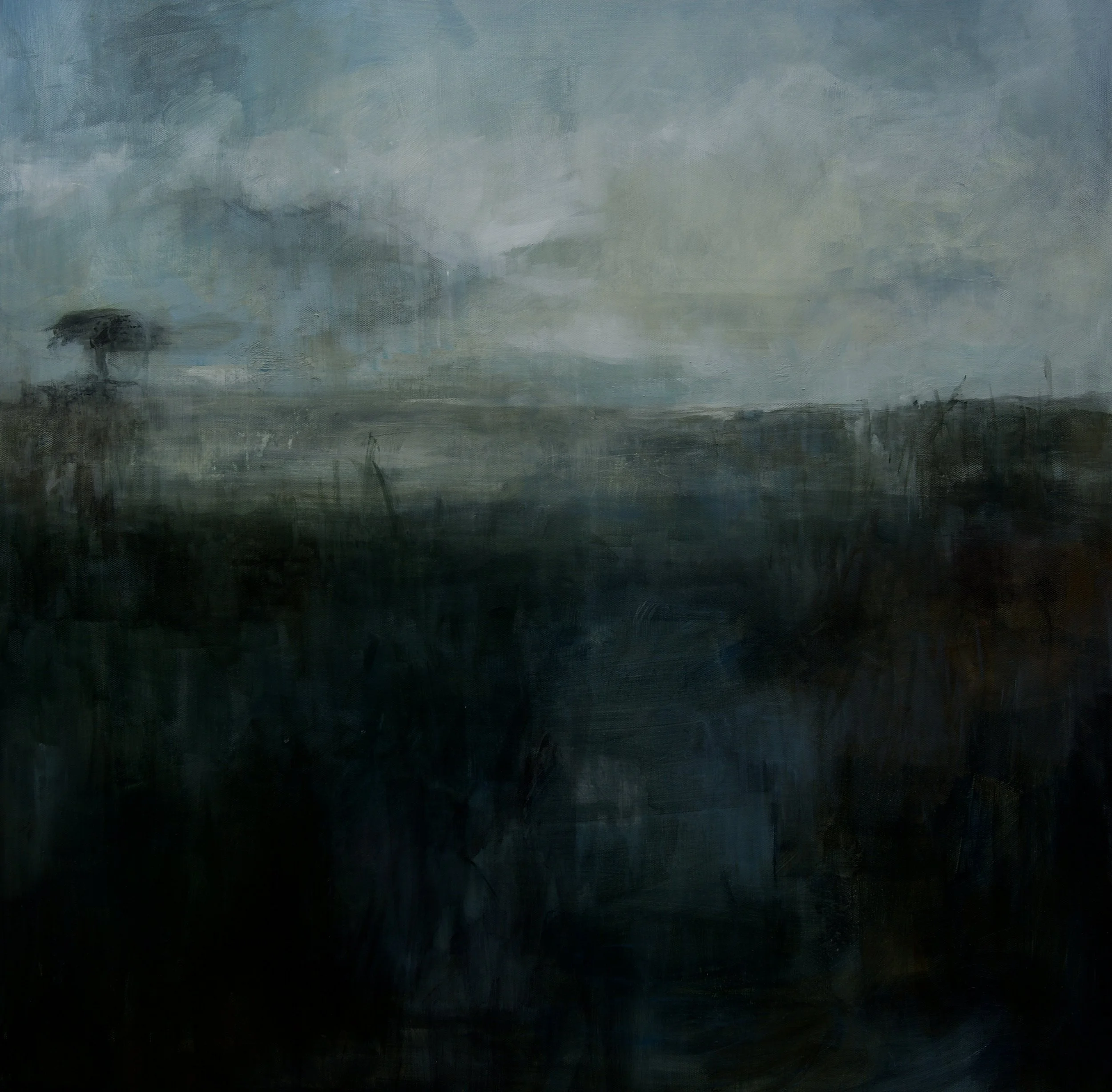 atmospheric painting in greens, blues and greys, depicting a still misty morning in the Nidderdale landscape