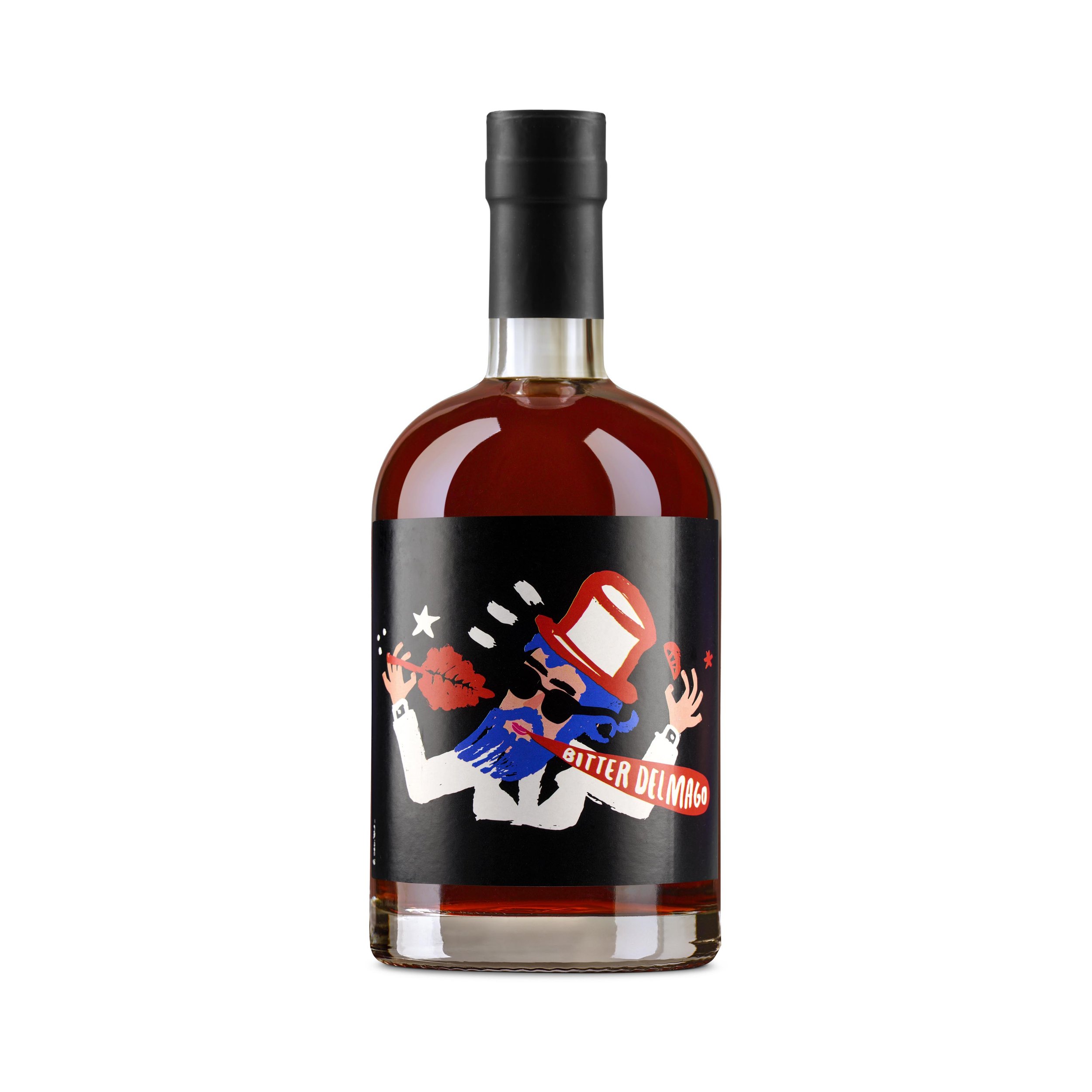 Bottiglia di liquore con etichetta artistica raffigurante un uomo con cappello, occhiali e barba blu, che fuma un sigaro, con le parole 'BITTER DEL MANGO' sull'etichetta.