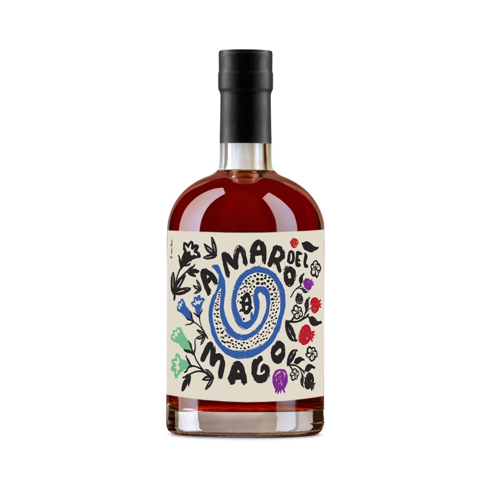 Bottiglia di liquore con etichetta colorata e disegnata, contenente un liquido rosso.