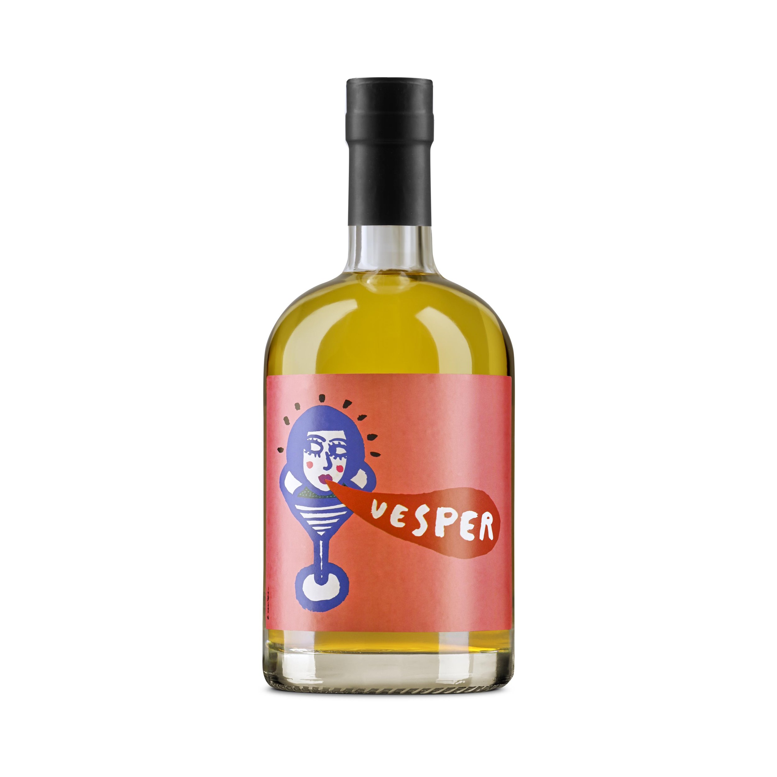 Bottiglia di vino con etichetta rosa, disegno stilizzato di una donna con un bicchiere e la scritta 'Vesper'