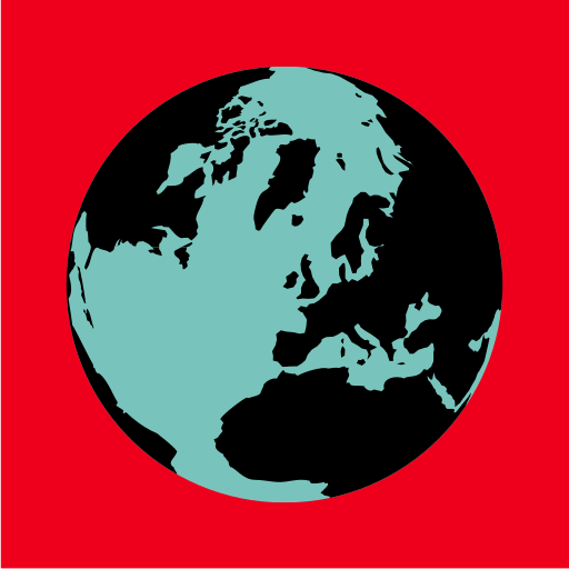 Ein stilisiertes Bild der Erde mit Europa, Afrika und Teilen Asiens auf rotem Hintergrund.