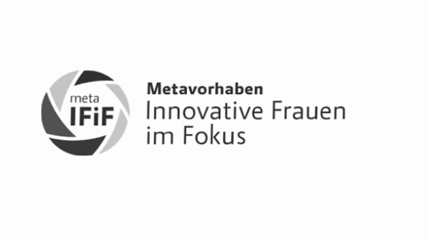 Schwarz-weiße Grafik mit Logo und Text, der die Initiative 'Meta Vorhaben Innovative Frauen im Fokus' beschreibt.