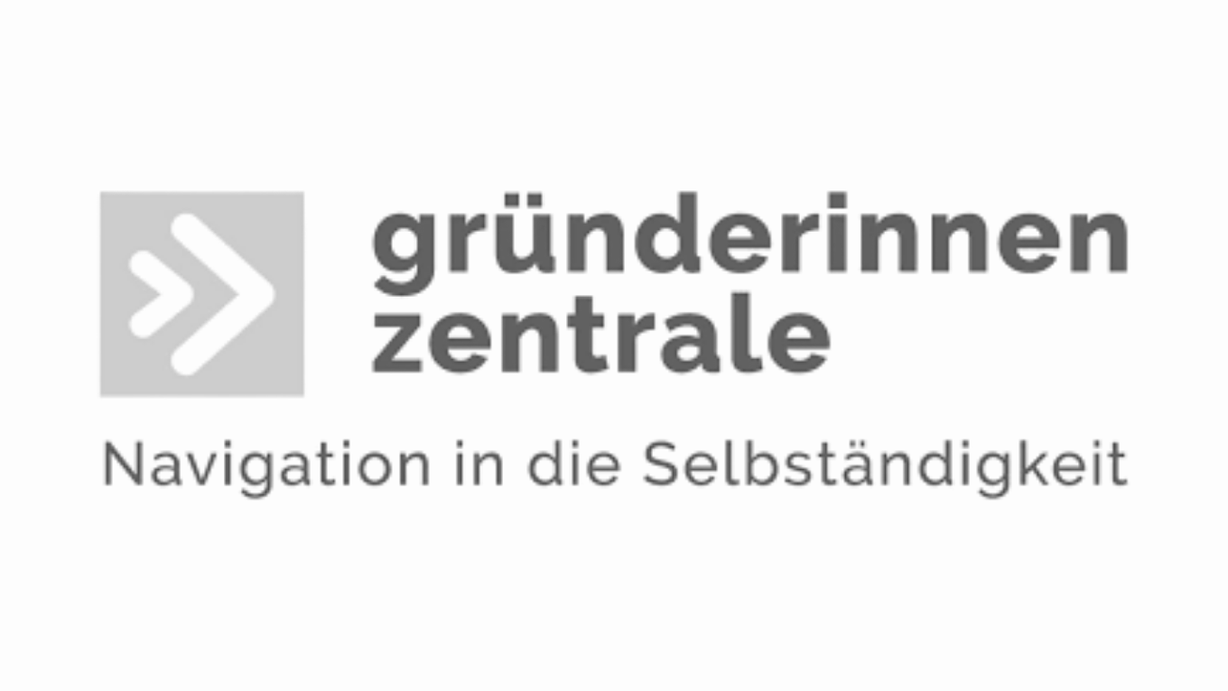 Logo mit Pfeilsymbol und der deutschen Text: "Gründerinnen Zentrale" und Untertitel: "Navigation in die Selbstständigkeit".