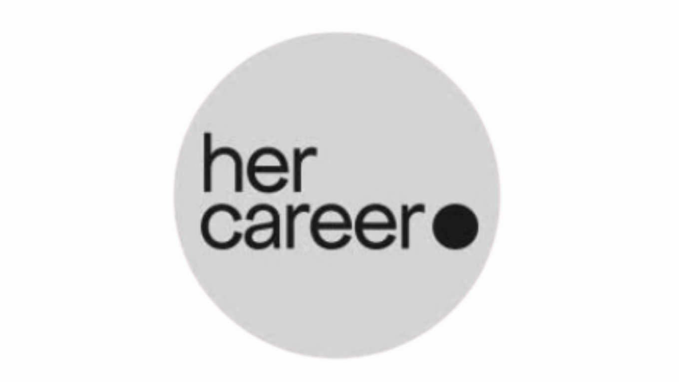Graues Kreis mit schwarzem Punkt und dem Text 'her career' in schwarzen Buchstaben.