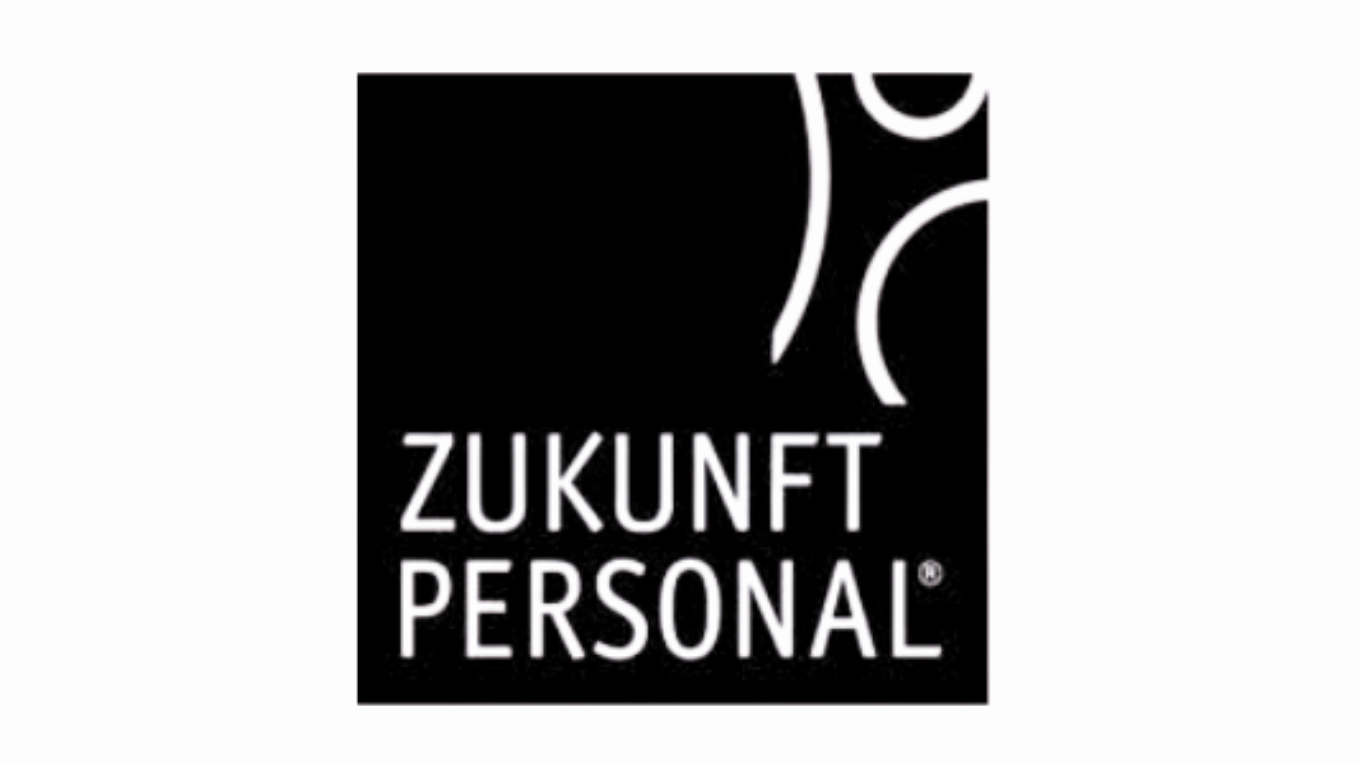 Logo mit schwarzen Hintergrund, weißem Text 'Zukunft Personal' und stilisierten weißen Linien über dem Text.
